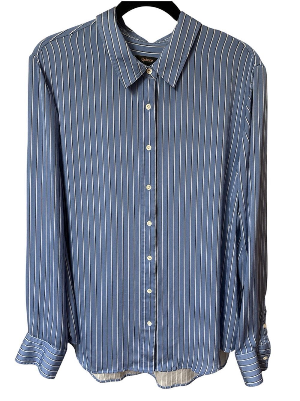 Quince Washable Silk Notch Collar Women’s Long Sleeve Evie Blue Stripe Top XL